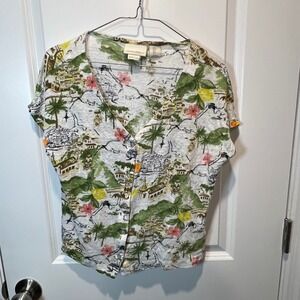 Cynthia Rowley Linen Scenic Print Blouse Women's Small Button Front V Neck